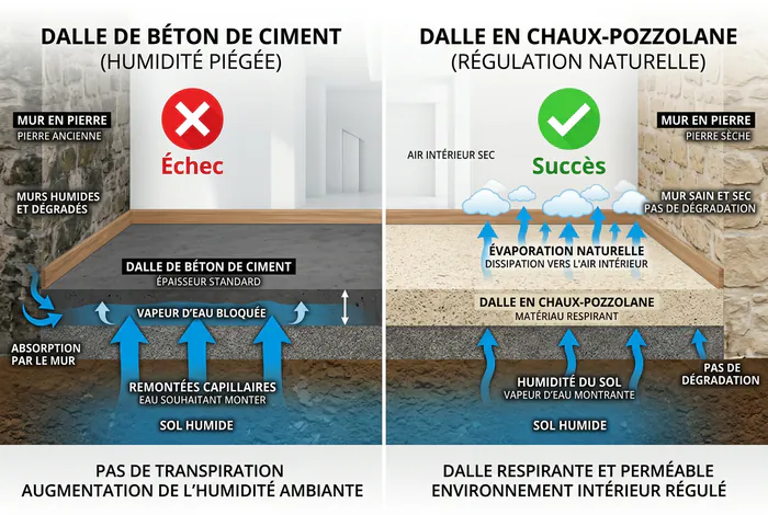 Infographie comparative entre dalle en béton bloquant l'humidité et dalle en chaux-pouzzolane respirante