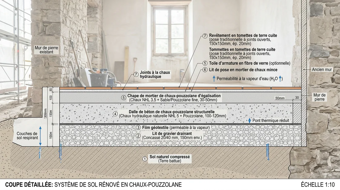 Schéma en coupe explicatif des différentes couches d'une dalle à la chaux et pouzzolane