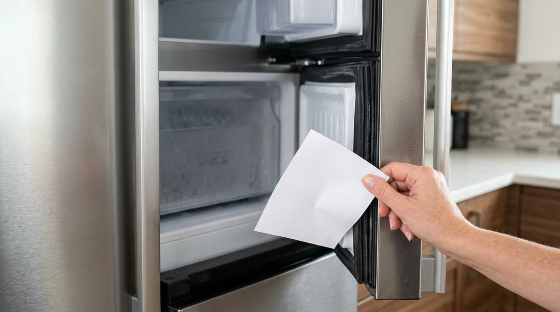 Test de la feuille de papier sur le joint de porte du congélateur pour vérifier l étanchéité
