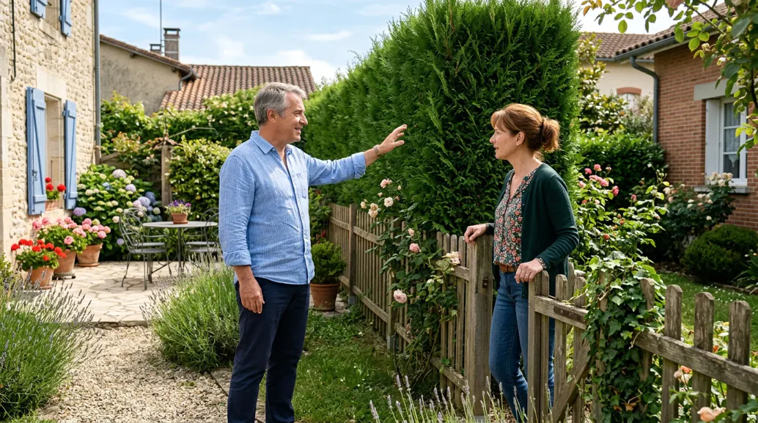 Haie verte avec ligne rouge pointillée indiquant le seuil légal de 2 mètres et mètre ruban géant stylisé