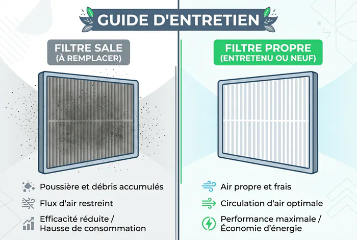 Infographie avant après nettoyage filtre de climatisation avec mention Guide d'entretien