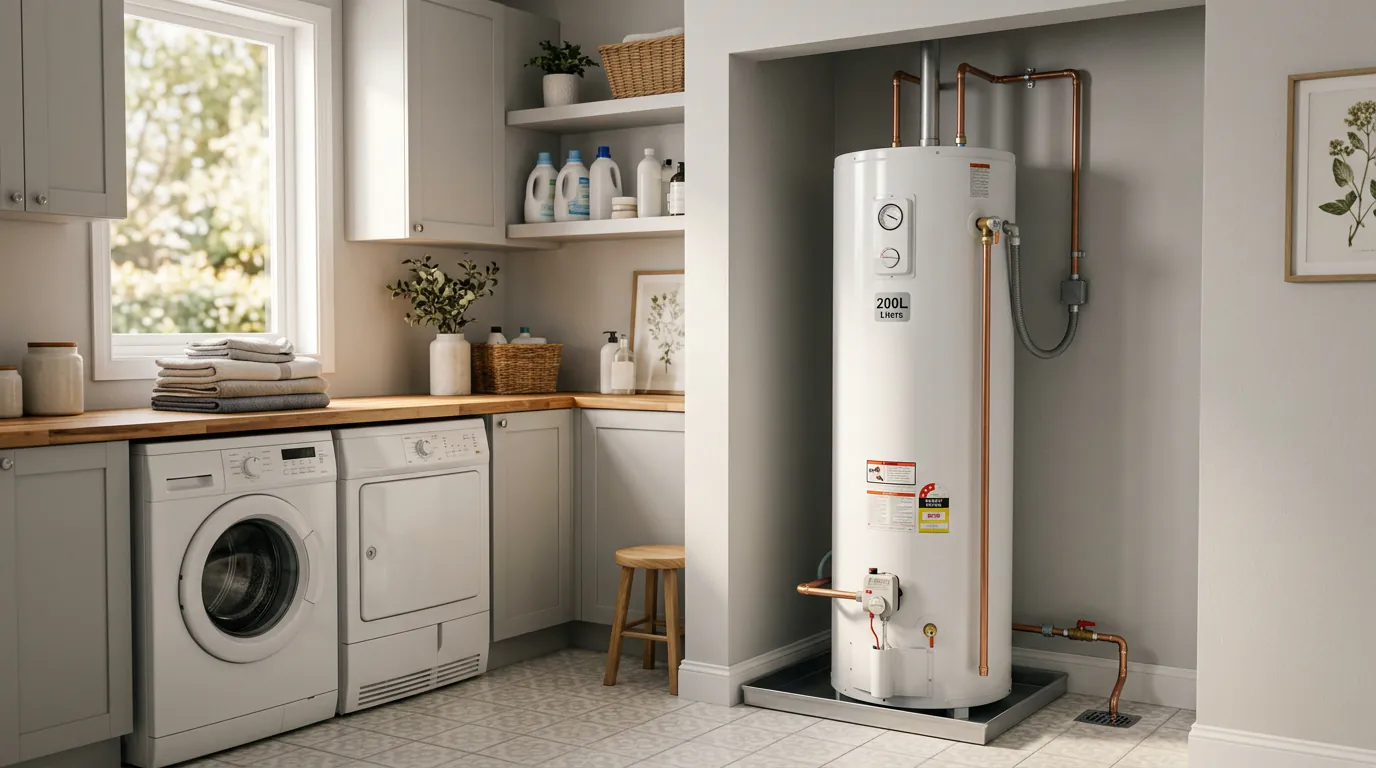 Chauffe-eau Altech 200L installé dans une buanderie moderne et propre.