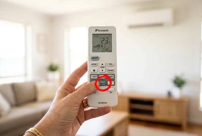 Main tenant une télécommande de climatiseur Daikin avec le bouton Cancel entouré en rouge