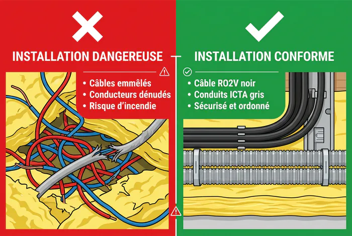 Comparaison infographique : installation électrique conforme vs non conforme dans les combles