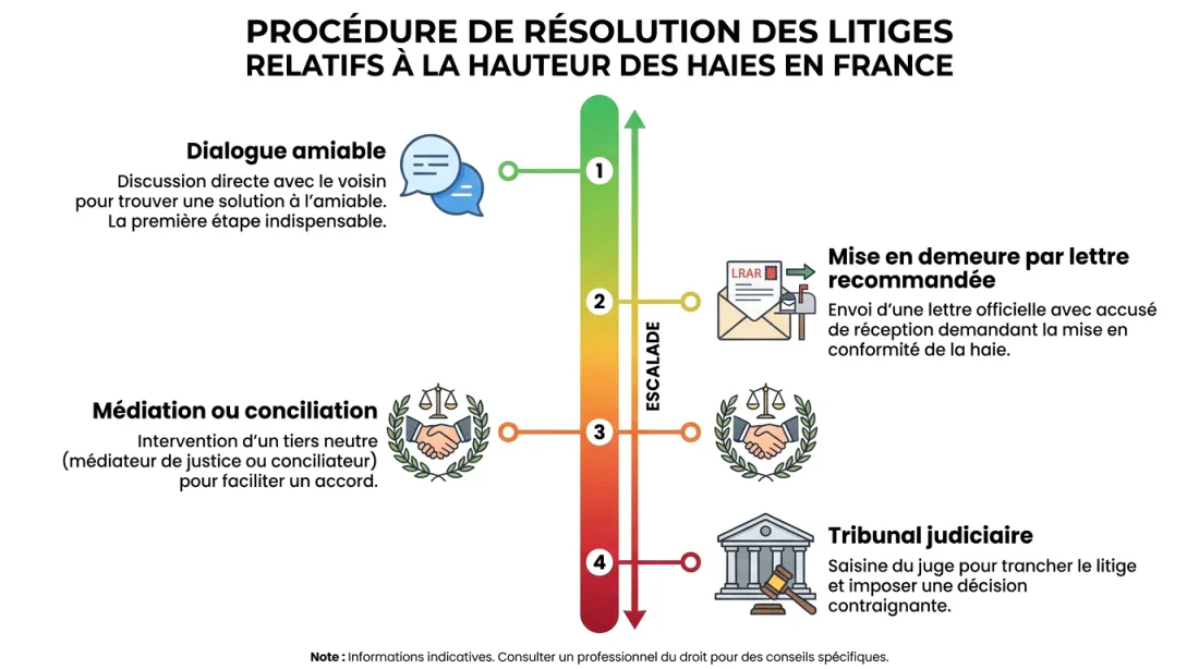 Haie verte avec ligne rouge pointillée indiquant le seuil légal de 2 mètres et mètre ruban géant stylisé
