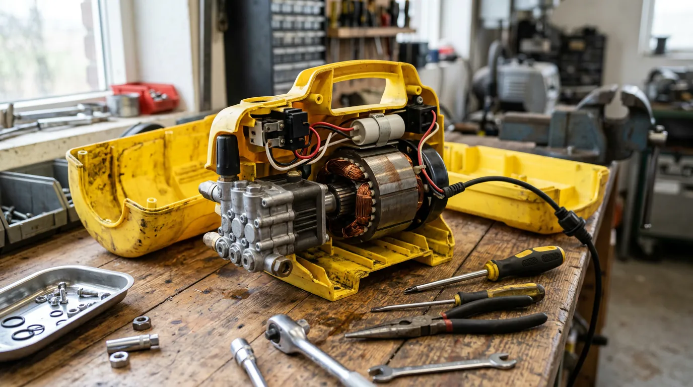 Un nettoyeur haute pression Karcher K4 démonté sur un établi pour un diagnostic de panne.