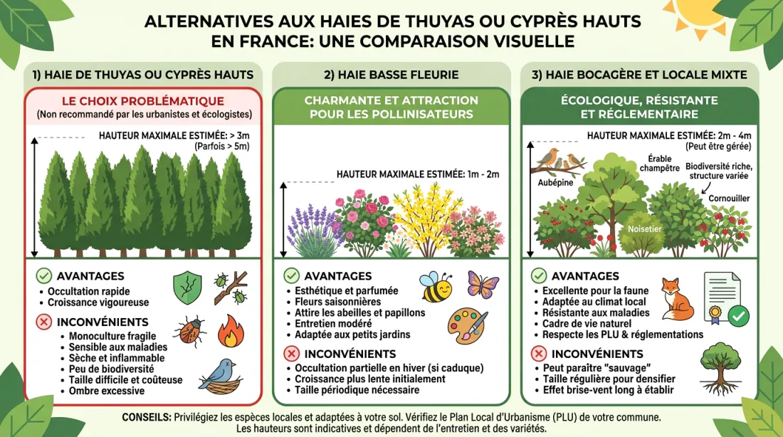 Haie verte avec ligne rouge pointillée indiquant le seuil légal de 2 mètres et mètre ruban géant stylisé
