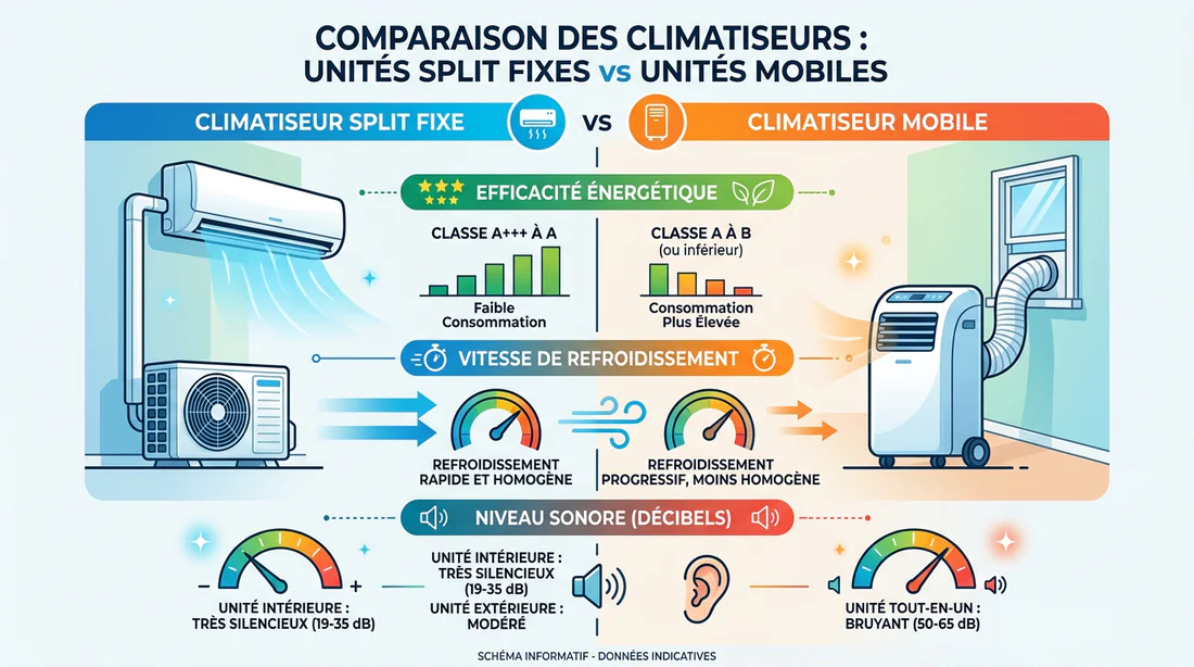 Infographie comparative sur l'efficacité énergétique et le niveau sonore entre clim fixe et mobile