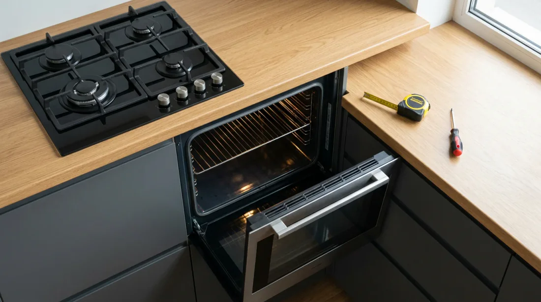 Mains installant un four encastrable dans un meuble de cuisine avec plaque gaz visible