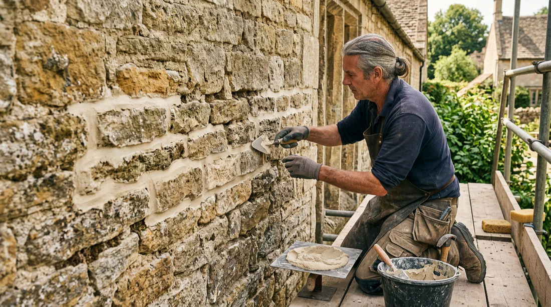 Artisan maçon réalisant des joints de finition au mortier de chaux