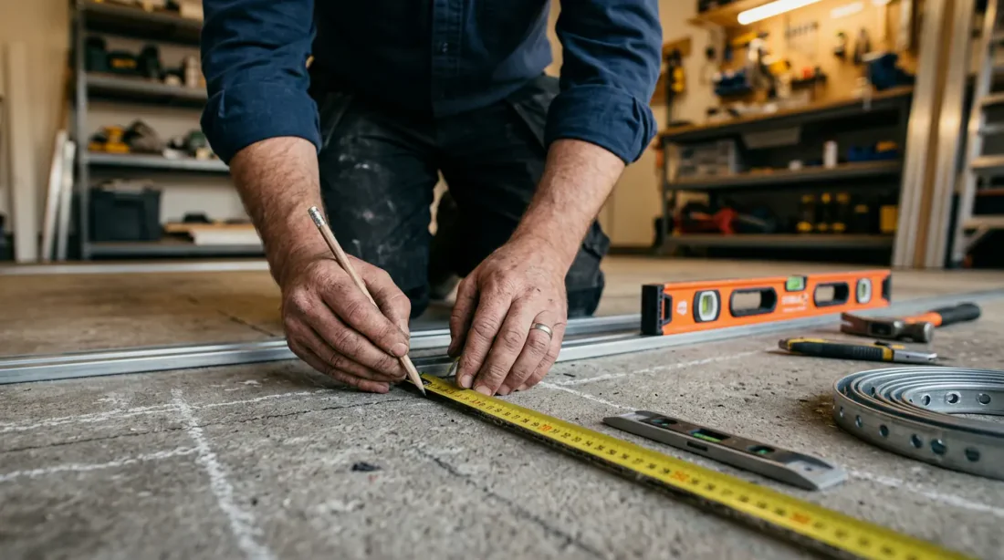 Gros plan sur une main gantée vissant une vis autoperceuse dans un panneau OSB sur montant métallique