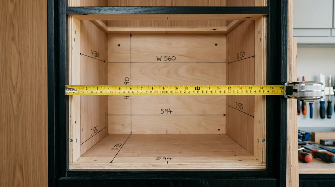 Mains installant un four encastrable dans un meuble de cuisine avec plaque gaz visible