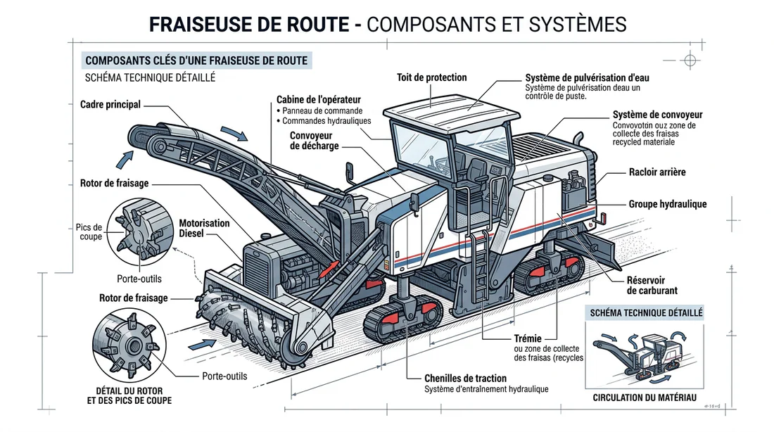 Schéma technique des composants d'une raboteuse routière