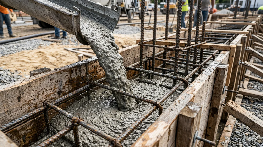 Coulage du béton frais armé à l'intérieur du coffrage en bois