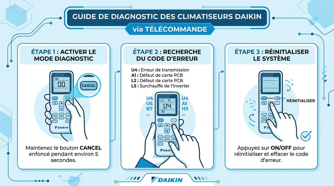 Infographie synthétisant les étapes de recherche de code erreur sur climatisation Daikin