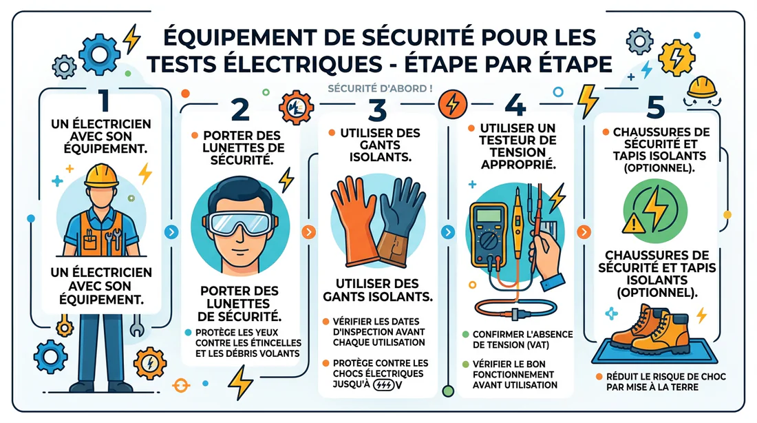 Infographie illustrant les équipements de sécurité obligatoires pour tester une installation électrique.