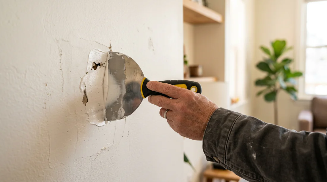 Application de l'enduit de rebouchage sur le trou du mur en placo