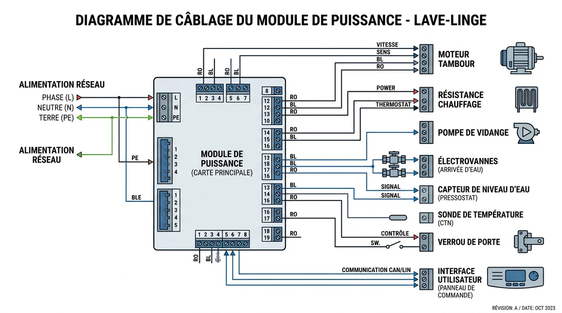 Schéma technique des branchements électriques lave-linge
