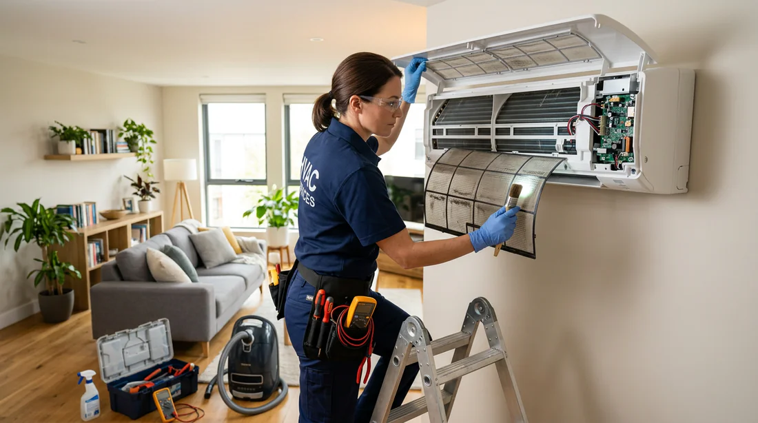 Technicien qualifié inspectant une unité intérieure de climatisation Daikin