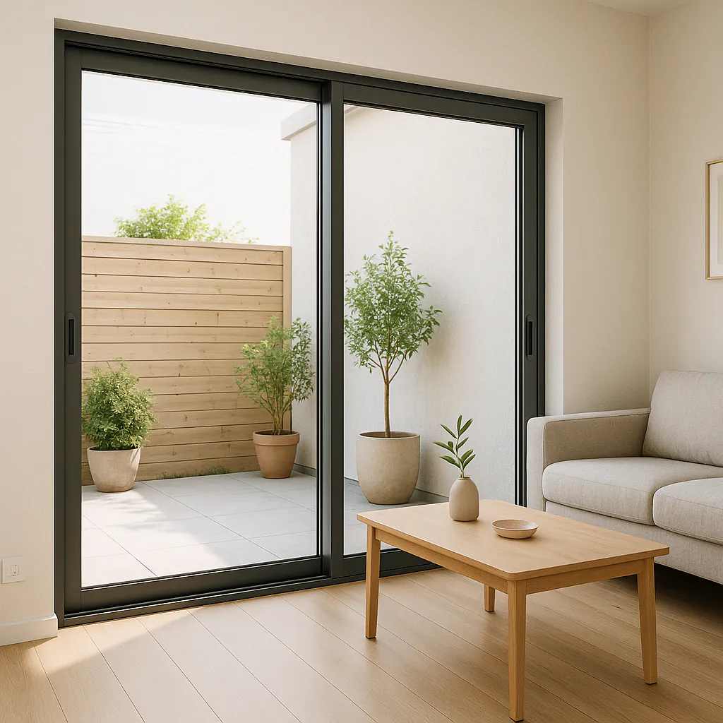 Baie vitrée coulissante en aluminium donnant sur une terrasse, image fournie par le client