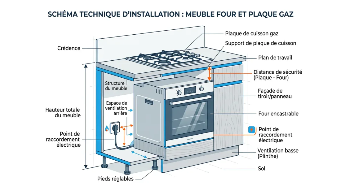 Mains installant un four encastrable dans un meuble de cuisine avec plaque gaz visible