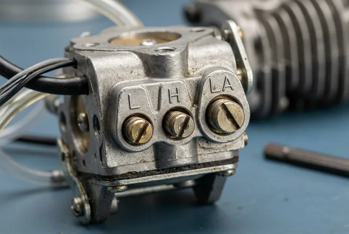 Gros plan vis réglage carburateur débroussailleuse L H LA