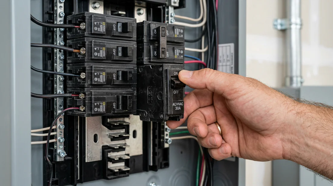 Réinitialisation du disjoncteur électrique dans le tableau pour redémarrer la climatisation