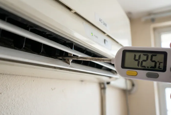 Thermomètre digital mesurant une température d'air chaud de 42,5°C sur un climatiseur