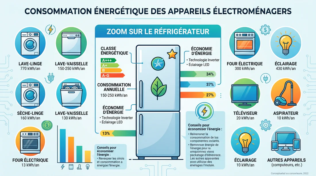 Infographie illustrant la consommation énergétique du réfrigérateur