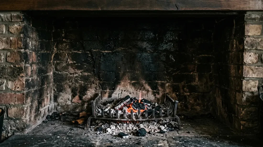 Gros plan d'une main gantée tenant de la suie noire au-dessus d'un foyer de cheminée