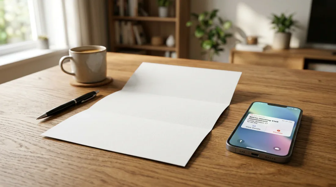 Porte d'appartement ouverte avec clé dans la serrure, illustration d'une visite de logement social