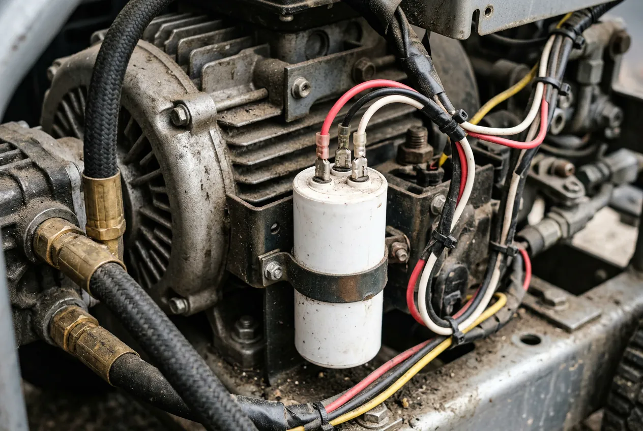 Gros plan sur le condensateur de démarrage d'un moteur de nettoyeur haute pression.