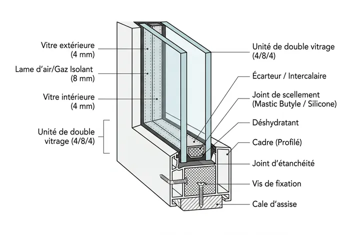 Schéma technique de coupe transversale de vitrage 4 8 4