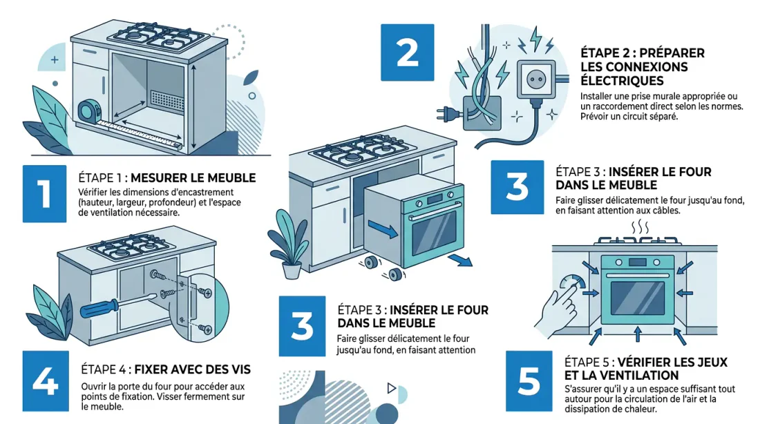 Mains installant un four encastrable dans un meuble de cuisine avec plaque gaz visible