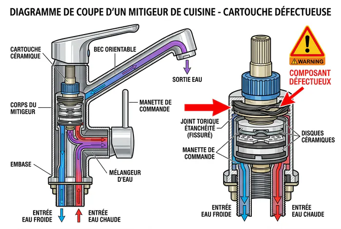 Schéma technique d'un mitigeur de cuisine avec indication de la cartouche défectueuse.