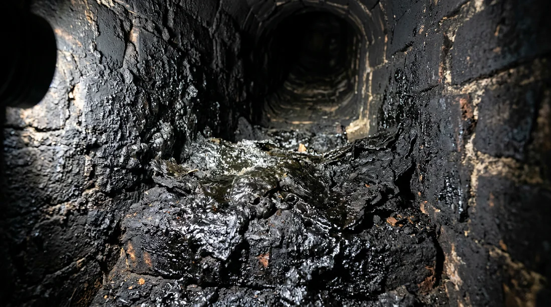 Accumulation dangereuse de bistre et de goudron à l'intérieur d'un vieux conduit de cheminée.