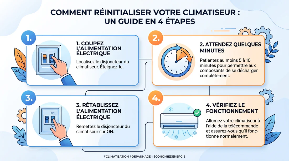 Infographie des étapes pour réinitialiser un climatiseur en panne