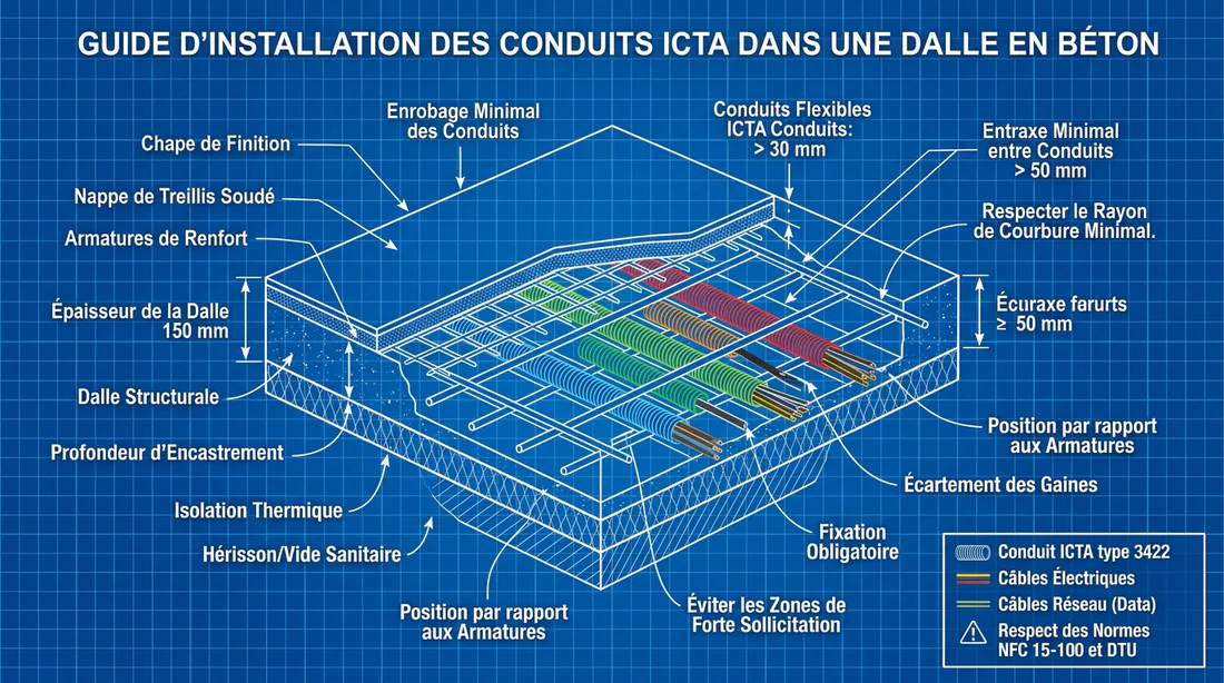 Schéma technique expliquant la norme d'encastrement des gaines ICTA dans une dalle béton