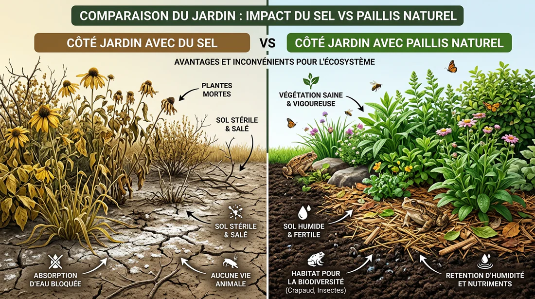 Infographie comparant les effets du sel et du paillage naturel sur le jardin