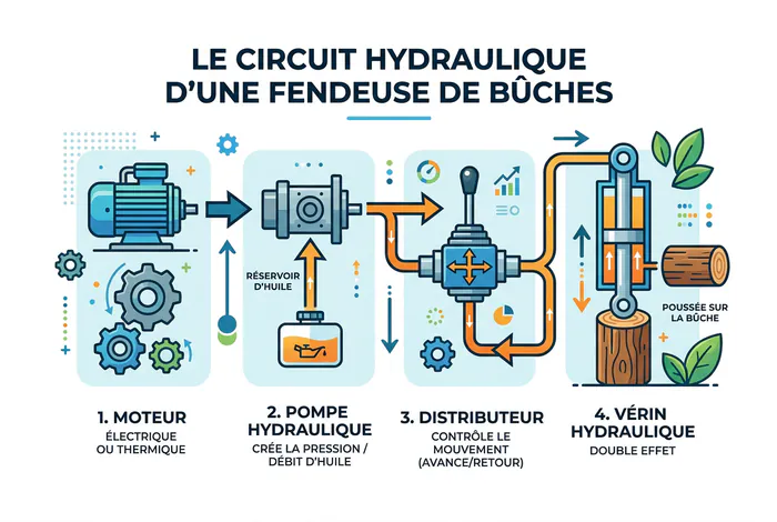 Schéma de fonctionnement du système hydraulique d'une fendeuse