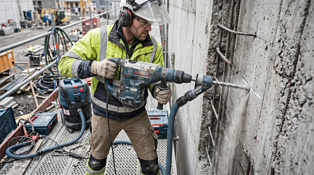 Perçage d'un trou dans une structure en béton avec un perforateur professionnel