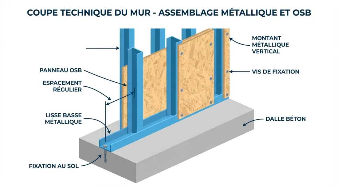 Gros plan sur une main gantée vissant une vis autoperceuse dans un panneau OSB sur montant métallique