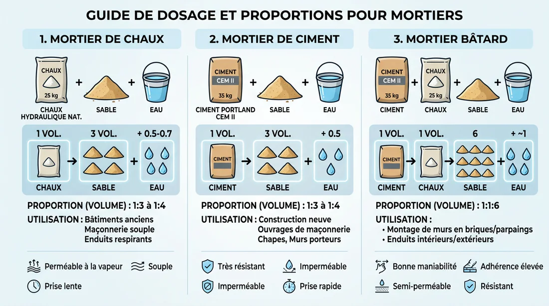 Infographie expliquant les dosages et proportions des différents mortiers