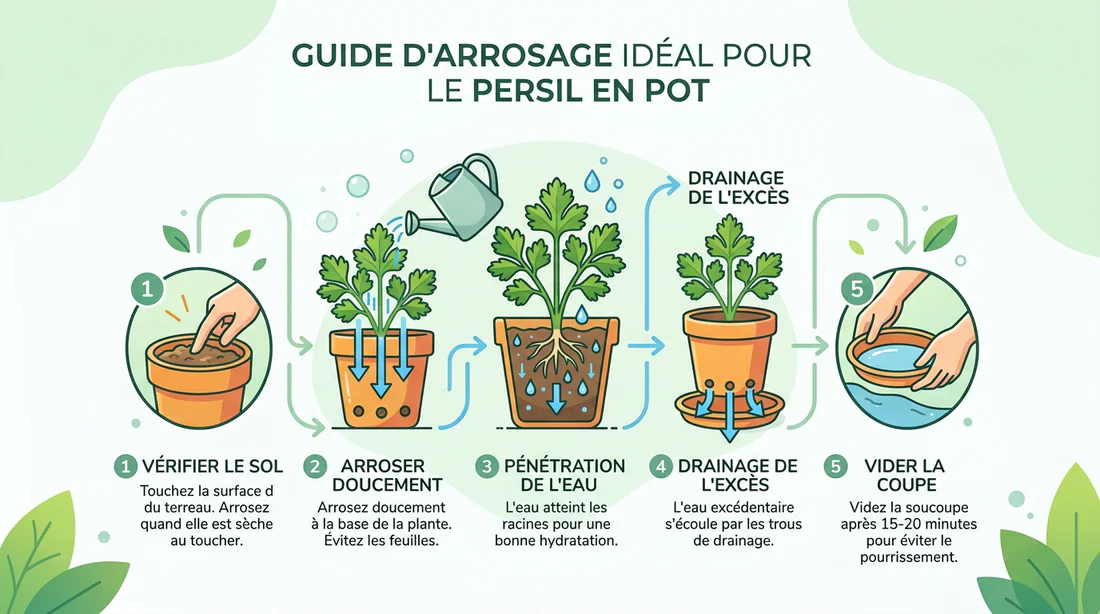 Schéma explicatif de l'arrosage correct du persil en pot