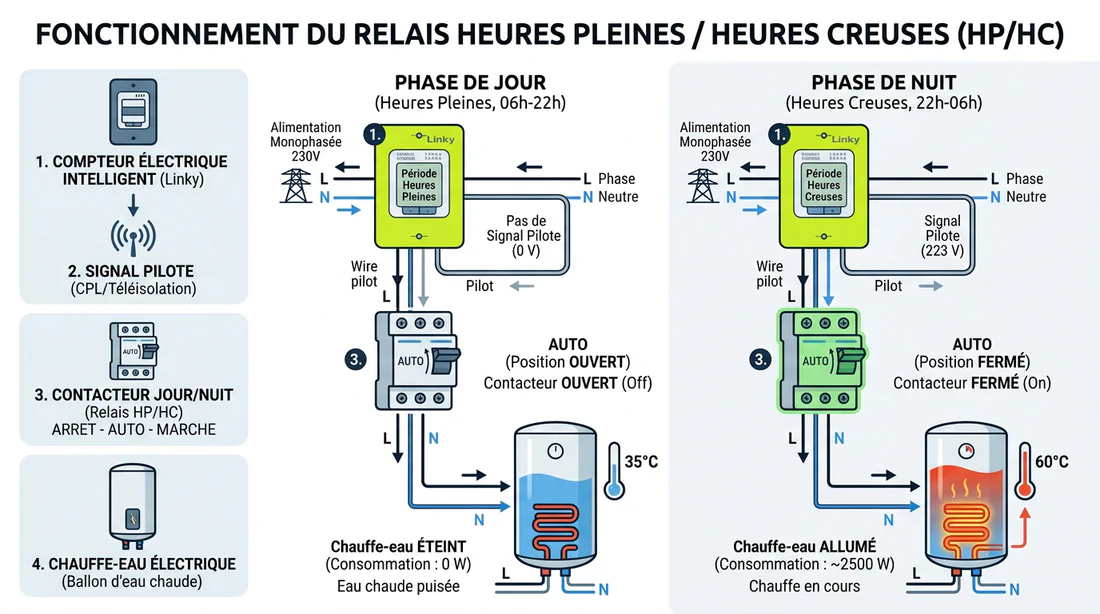 Fonctionnement du contacteur jour nuit avec le compteur électrique