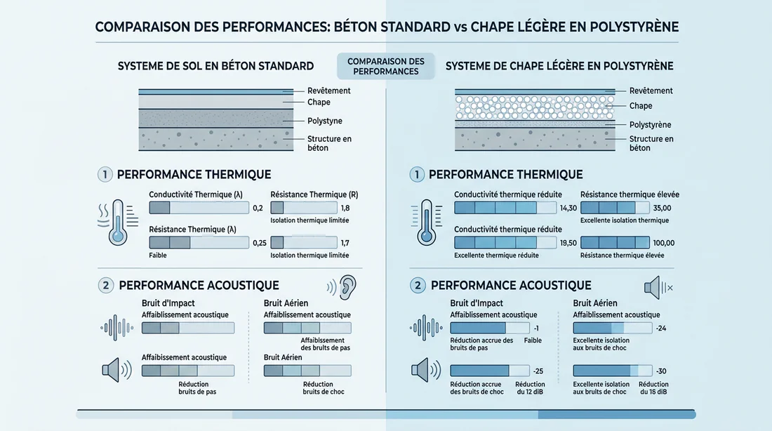 Infographie schématique montrant l'isolation thermique et acoustique d'une chape allégée.