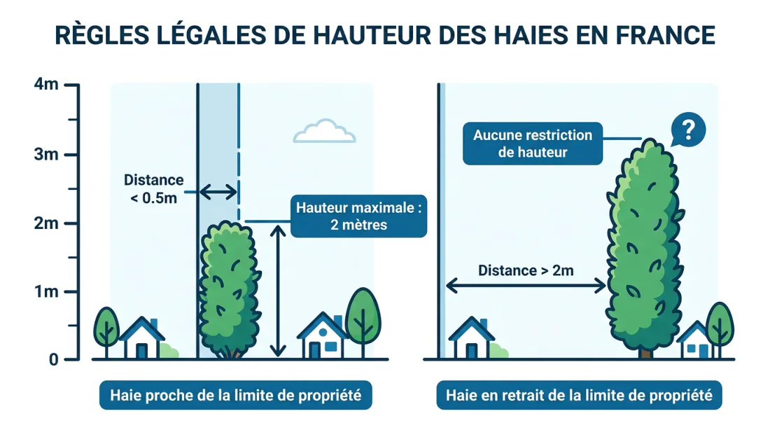 Haie verte avec ligne rouge pointillée indiquant le seuil légal de 2 mètres et mètre ruban géant stylisé