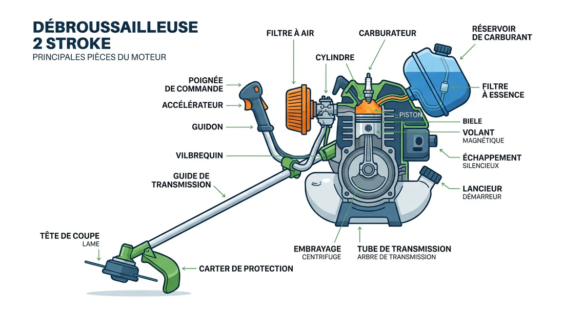 Schéma des composants d'un moteur de débroussailleuse