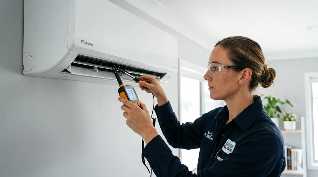 Technicien réalisant un contrôle de la température d'air chaud sur une climatisation
