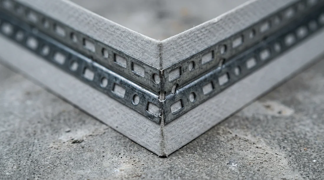 Détail technique d'une bande armée avec inserts métalliques pour angles